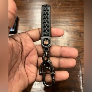 CADILLAC Black Braided Leather Gun Metal Gray Keychain